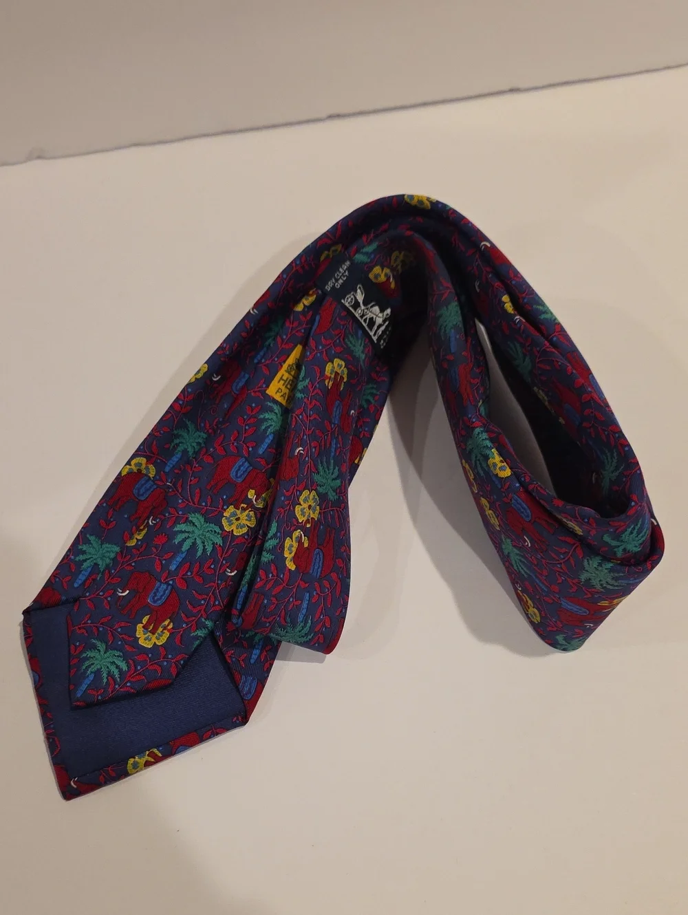 Hermes Silk Men's Patterned Red Silk Tie with Elephant & Palm Motif
